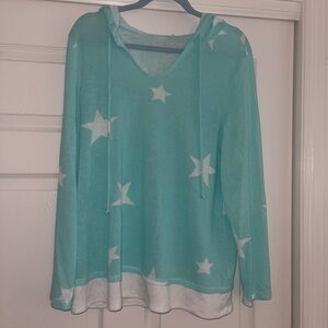 Belle Beach by Kim Gravel Star Print Hooded Long Sleeve Top Lt Aqua